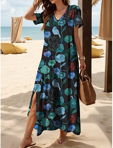  Women's Maxi Dress Casual Dress Sundress A Line Dress Vacation Casual Beach Regular Fit Floral Graphic Bird Short Sleeve V Neck Yellow Red Blue Purple Summer Spring