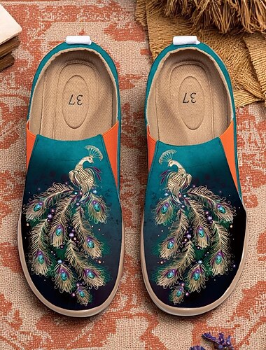  Bequeme Barfußschuhe zum Hineinschlüpfen für Damen – künstlerischer Pfauendruck, ergonomische Innensohle, lebendiger Resort-Stil, ideal für Zuhause, den Garten, Kunstfestivals und entspannte Reisetage