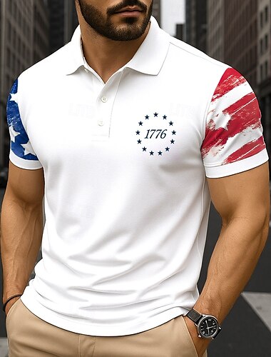  Tag der Unabhängigkeit Herren Amerikanische Flagge Polo Kurze Ärmel Polokragen Revers Alltagstauglich Festival Knöpfe Sommer Weiß Rote Marineblau