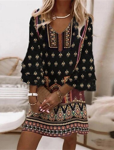  Per donna Mini Abito Vestito Casual Abito Estivo Abito Boho Moda All'aperto Feste Ferie Vestibilità regolare Fiore Manica Lunga Scollo a V Nero Estate Primavera