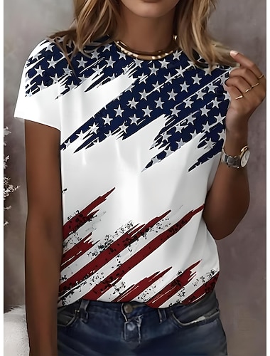  Amerikanska självständighetsdagen Dam T-shirt Grafisk Flagga Vintage Stylish Klassisk Kortärmad Rund hals Vanliga toppar Dagligen Helgen Mönster Svart Vit Rubinrött Marinblå Blå Sommar Vår