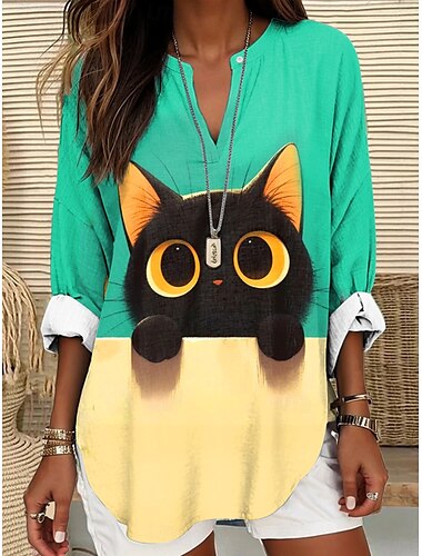  Damen Sommeroberteile Grafik Tiermotiv Katze Vintage Tropisch Hawaiianisch Langarm V Ausschnitt Normale Oberteile Täglich Ferien Strandbekleidung Druck Gelb Hellgrün Blau Orange Grün Sommer Frühling