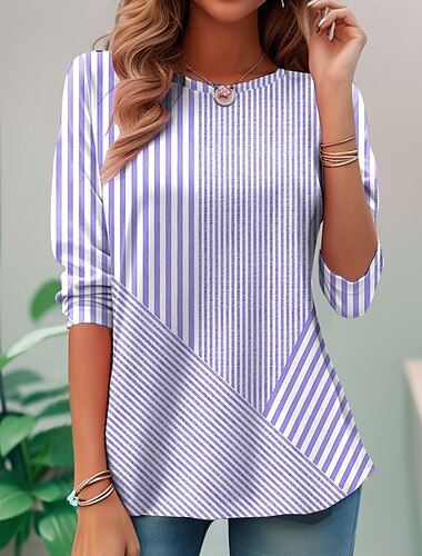  Damen T Shirt Grafik Geometrisch Gestreift Elegant Vintage Mode Langarm Rundhalsausschnitt Normale Oberteile Täglich Ausgehen Wochenende Druck Rosa Blau Purpur Orange Grün Sommer Frühling