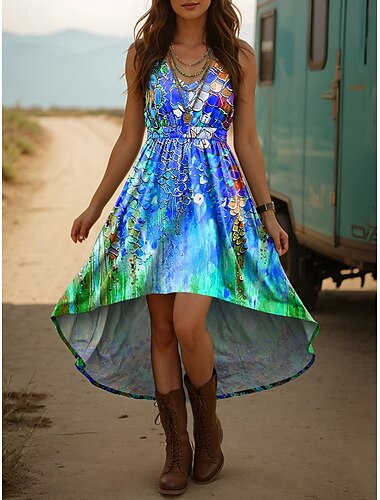  Damen Midikleid A Linie Kleid Sommerkleid Urlaub Lässig Boho Ausgehen Strand Normale Passform Blumen Grafik Ärmellos V Ausschnitt Blau Purpur Orange Grün Sommer Frühling