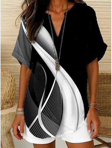  Damen Bluse Grafik Geometrisch Gestreift Elegant Täglich Stilvoll Kurzarm V Ausschnitt Einkerbiger Ausschnitt Normale Oberteile Arbeit Täglich Ferien Schwarz Staubiges Blau Leicht Blau Sommer Frühling