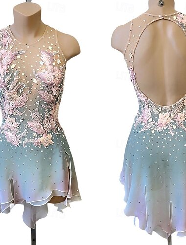  Eiskunstlaufkleid Damen Mädchen Eislaufen Kleid Grau grün Offener Rücken Asymmetrischer Saum Netzstoff Hohe Elastizität Training Wettbewerb Eiskunstlaufkleidung Klassisch Kristall / Strass Ärmellos
