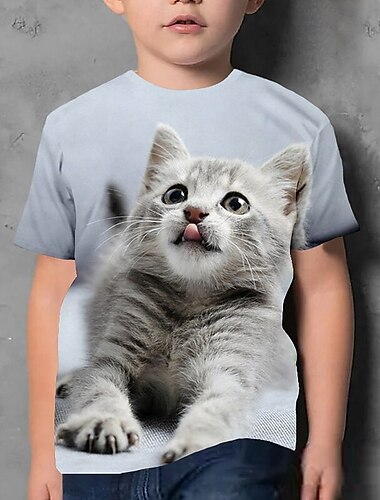  Jungen 3D Katze T-Shirt Kurzarm Sommer Frühling Mode Basic Kinder 4-12 Jahre Rundhalsausschnitt Outdoor Lässig Täglich Normale Passform
