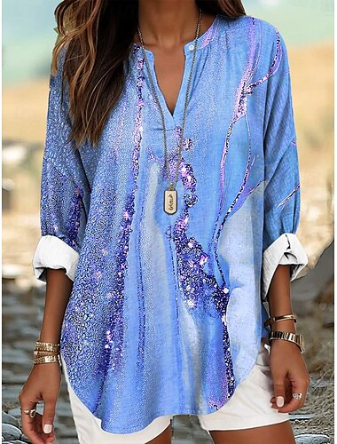  Damen Bluse Grafik Marmor Elegant Stilvoll Langarm V Ausschnitt Normale Oberteile Täglich Ferien Druck Rosa Blau Purpur Sommer Frühling