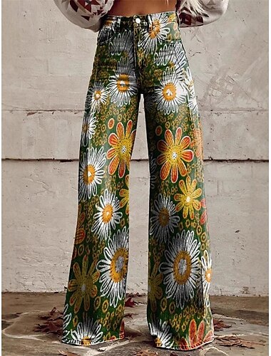  Retro Vintage Boho 1970er Hose Hose mit weitem Bein Hippie Disco Hohe Taille Blumen Gänseblümchen Jeans-Imitat Damen Karneval Alltagstauglich Musikfestival Retro-Mottoparty Erwachsene Hose
