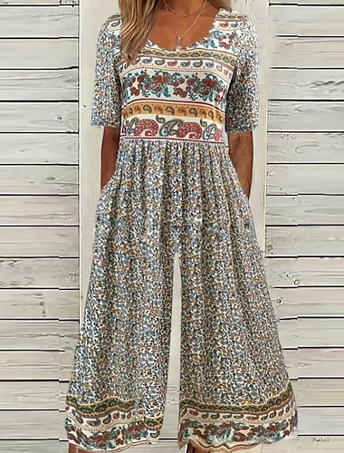  Dam Vanligt Jumpsuits Ledigt Blommig Kortärmad Rund hals Mönster Gata Dagligen Normal Blå Aprikos Sommar