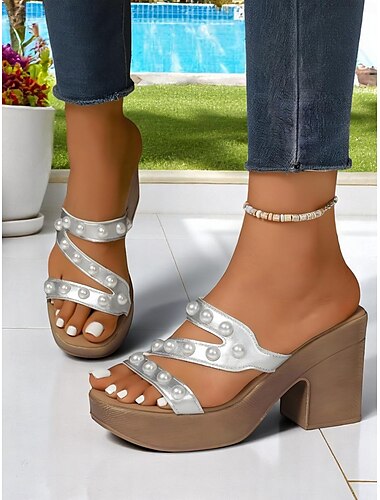  Naisten helminastoitettu paksukorkoiset sandaalit puupintaisella platform-kuviolla, elegantti slip-on-malli kesäjuhliin, rentoon treffikokemukseen ja lomakohteeseen