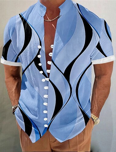  Herren Geometrisch Linien / Wellen Hemd Knopfhemd Stehkragenhemd Kurzarm Modisch lässig Urlaub Täglich Sommer Frühling Mandarinkragen 3D-Druck Leinenähnliches Hemd Weiß Rosa Blau Grün Khaki