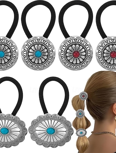  6 coleteros metálicos estilo occidental, lazos bohemios, cuerdas circulares con flores para el pelo, cuerdas vintage con flores de calabaza, bandas vintage concho turquesa con flores de calabaza para
