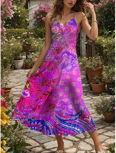  Mujer Vestido maxi Vestido de verano Vestido de una línea Vestido lencero Vacaciones Casual Boho Playa Ajuste regular Floral Graphic A Lunares Sin Mangas Escote en Pico Morado Naranja Verano Primavera
