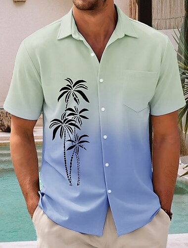  Men's Coconut Tree Gradient Color Summer Hawaiian Shirt Button Up Shirt Aloha Shirt Short Sleeve Hawaiian Vacation Holiday Beach Wear Summer Spring Turndown 3D Print Collared Shirts Front One Pocket