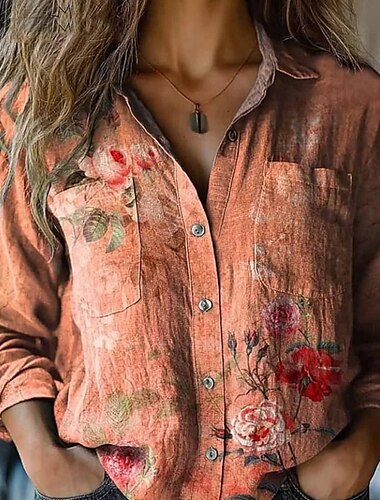  Damen Hemd Baumwoll-Leinen-Hemden Boho-Hemd Bluse Blume Modern Lässig Boho Langarm Hemdkragen Normale Oberteile Täglich Ferien Druck Rosa Blau Grün Sommer