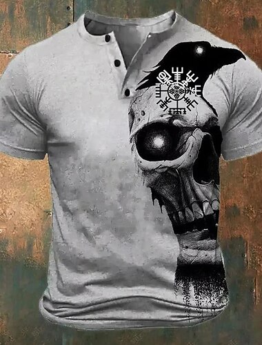  Voor heren Coole schedels T-shirt Henley-shirt Korte mouw Ontwerper Retro vintage Casual Straat Casual Dagelijks Zomer Lente Alle seizoenen Grijs Henley Henley-T-shirt