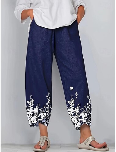  Damen Weites Bein Chinos Baggy-Hosen Urlaub Basic Lässig Knöchellang Hohe Taille Blumen Grafik Vogel Drucken Thermowarm Atmungsaktiv Weich Mikroelastisch Urlaub Straße Lässig Schwarz Weiß Blau Grün