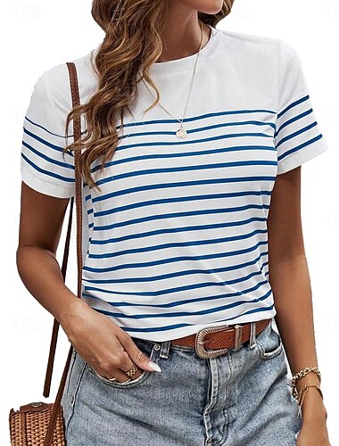  Women's T Shirt Graphic Striped Vintage Stylish Casual Short Sleeve Crew Neck Regular Tops Daily Weekend Print Sage Green Black White Red Blue Summer Spring