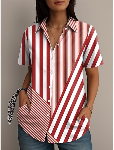  Damen Hemd Grafik Geometrisch Gestreift Vintage Stilvoll Lässig Kurzarm Hemdkragen Normale Oberteile Täglich Rote Blau Grün Sommer Frühling