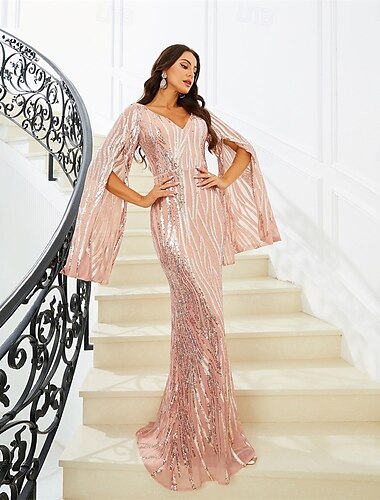  Meerjungfrauenschnitt Quinceanera-Kleider Elegant Kleid Formell Hochzeit Bodenlang Langarm V Ausschnitt Paillettenbesetzt mit Paillette 2025