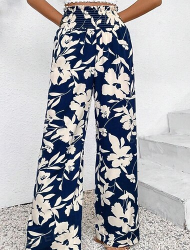  Dam Byxor Boho Fullängd Naturlig Blommig Elastisk midja Mönster Bekväm Utomhus Gata Utekväll Marin Svart Kaki Sommar Normal