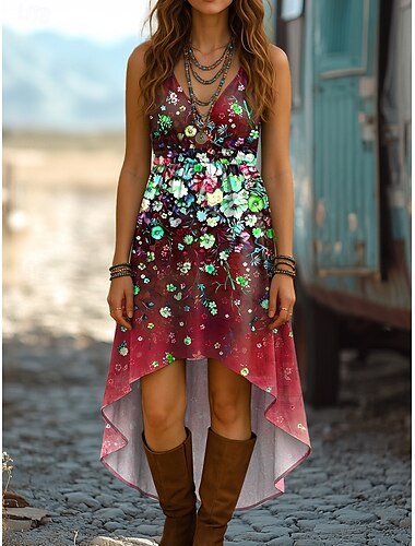  Damen Midikleid A Linie Kleid Sommerkleid Lässig Boho Ausgehen Strand Normale Passform Ombre Blumen Grafik Ärmellos V Ausschnitt Rote Blau Purpur Grün Sommer Frühling