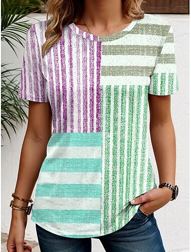  Mujer Camiseta Graphic A Rayas Vintage Elegante Clásico Manga Corta Cuello Barco Tops regulares Diario Fin de semana Estampado Amarillo Azul Piscina Morado Verde Trébol Verano