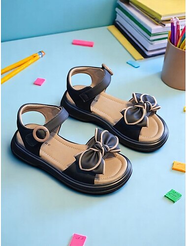  Schwarze Sandalen mit Schleife und verstellbarem Riemen für Mädchen – süße offene Schuhe für den Schulanfang und den Alltag