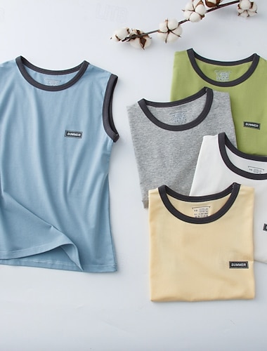  Barn Pojkar Stridsvagn Tee Färgblock Ärmlös Barn Top Utekväll Grundläggande Sommar Vit 4 år +