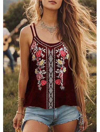  Dam Camisole linne Blommig Grafisk Paisley Vintage Stylish Etnisk Ärmlös U-hals Vanliga toppar Dagligen Helgdag Utekväll Mönster Svart Vin Sommar Vår