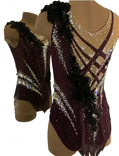  Ritmische gymnastiek turnpakje dames meisjes schaatsen gymnastiek turnpakje donkerpaars duimgat halo kleuring hoge elasticiteit professionele wedstrijd schaatskleding kristal / strass mouwloos