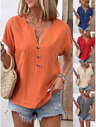  Damen Bluse Einfarbig Einfach Elegant Vintage Lässig Kurzarm V Ausschnitt Einkerbiger Ausschnitt Normale Oberteile Täglich Ferien Knöpfe Weiß Rote Marineblau Orange Beige Sommer Frühling