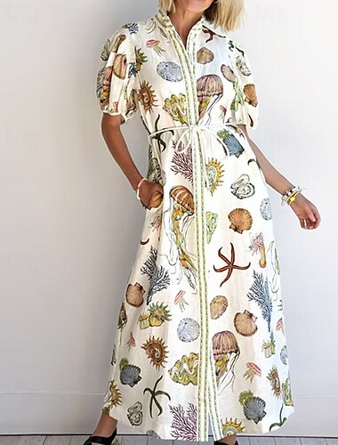  Femmes Robe Longue Maxi Robe Robes en coton et lin Robe Décontractée Mode Extérieur Soirée Fête Coupe régulière Animal Manche Courte Col de chemise Beige Été