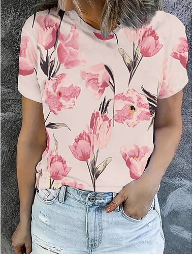  Dames T-shirt Zomer tops Bloemig Grafisch Klassiek Casual Korte mouw Strakke ronde hals Croptops Dagelijks Weekend Afdrukken Regenboog Zomer Lente Herfst