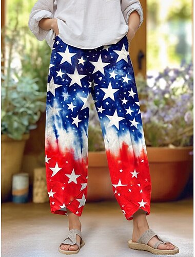  Unabhängigkeitstag Damen Patriotisches Fourth of July Chinos Baggy Hosen Urlaub Vintage Lässig Voll-Längen Hohe Taille Hosen Grafische Amerikanische Flagge Schnur Druck Thermisch Warm Atmungsaktiv