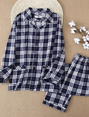  Homme Vêtements de Nuit Ensemble Pyjama Haut de pyjama et pantalon 1 ensemble Plaid Mode Élégant Classique Maison Quotidien Lit Coton Confort Doux Revers manche longue Cardigan Pantalon Taille