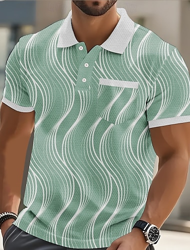 Herr Linje Polo Kortärmad Polotröjor Skjortor med krage Business Casual Utomhus Fritids- Dagliga kläder Knappar Ficka 3D-utskrift Sommar Grön