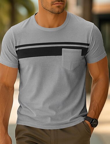  Herren T Shirt Kurzarm Rundhalsausschnitt Sommer Frühling Einfarbig Gestreift Elegant Neutral Täglich Tasche Streifen Schule Training Outdoor Weiß Rote Marineblau Top T-Shirt für Herren