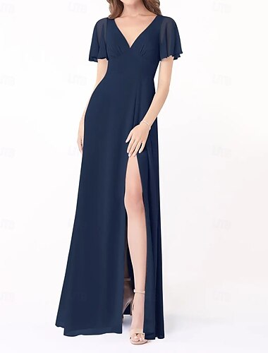  A-Linie Brautjungfernkleid V-Ausschnitt Kurzarm elegant bodenlang Chiffon mit Schlitz vorne / Rüschen 2025