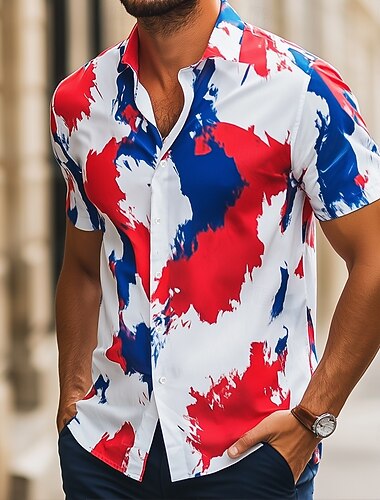  Dia da Bastilha Homens Patriótico Bandeira francesa Camisa Social camisa de verão camisa de botão Manga Curta Moda Casual Feriado Festival Verão Primavera Aberto para a Lateral Impressão 3D camisas