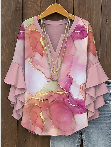  Damen Bluse mit geschichteten Rüschärmel Ombre Grafisch Abstrakt Bohemia Vintage Tägliche 3/4-Ärmel V-Ausschnitt Reguläre Tops Tägliche Urlaubsferien Bekleidung Print Pink Blau Grün Sommer Frühling