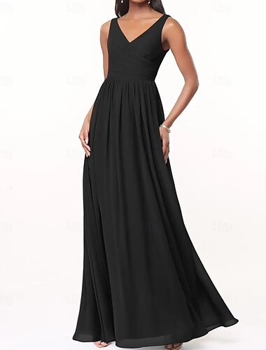  A-Linie Brautjungfernkleid V-Ausschnitt ärmellos elegant bodenlang Chiffon mit Falten / Rüschen 2025