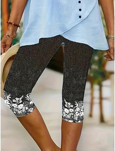  Leggings pour femmes Capri Pantalons Haute élasticité Mode de vacances Vintage Longueur mollet Taille moyenne Imprimé graphique floral Respirant Doux Extensible Vacances Rue Casual Bleu œuf de