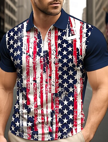  4 يوليو 2026، الذكرى 250 يوم الاستقلال رجالي علم الولايات المتحدة الأمريكية الرمز البريدي بولو كم قصير طوي عارضة / رياضي الرياضة & في الخارج كاجوال / يومي طباعة ثلاثية الأبعاد الصيف روبينز إيغ بلو