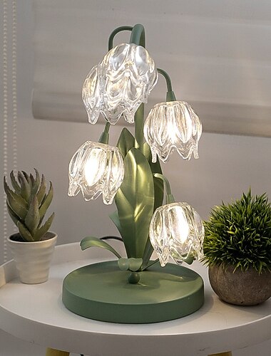  Lampada da tavolo vintage a forma di tulipano verde, lampada da comodino con fiore, lampadine a LED G4, elegante lampada da comodino floreale per camera da letto, soggiorno, ufficio, lettura