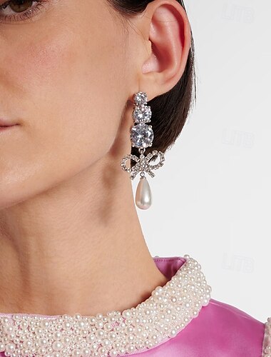  Mujer Pendientes cortos Pera Gota Precioso Lazo Elegante Moda Perla Artificial Diamante Sintético Aretes Joyas Plata Para Boda Fiesta Trabajo Diario 1 Par