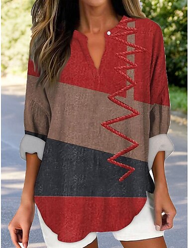  Mulheres Blusa Gráfico Geométrica Elegante Vintage Tropical Manga Longa Decote V Tops regulares Diário Feriado Imprimir Amarelo Vermelho Azul Roxo Verão Primavera