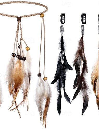  Paquete de 3 pinzas para el cabello con plumas y 1 diadema de plumas estilo bohemio, extensiones de cabello hippie con peine de clip para mujer, disfraz de Mardi Gras, cosplay, fiesta de carnaval,