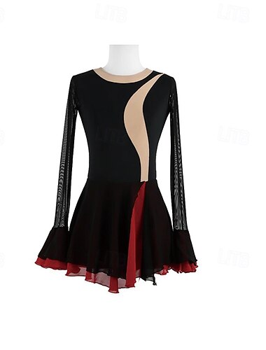  Eiskunstlaufkleid Damen Mädchen Eislaufen Kleid Schwarz Patchwork Daumenloch Netzstoff Spandex Dehnbar Training Übung Professionell Eiskunstlaufkleidung Thermowarm Kristall / Strass Langarm Eislaufen